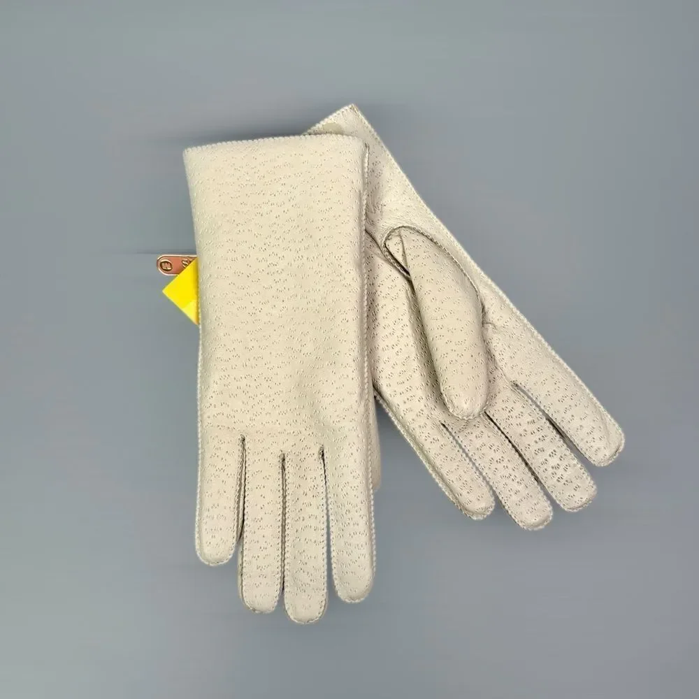 New Aris Ivory Gloves Buckaroo Perforated Leather Faux Fur Lining size M Vintage